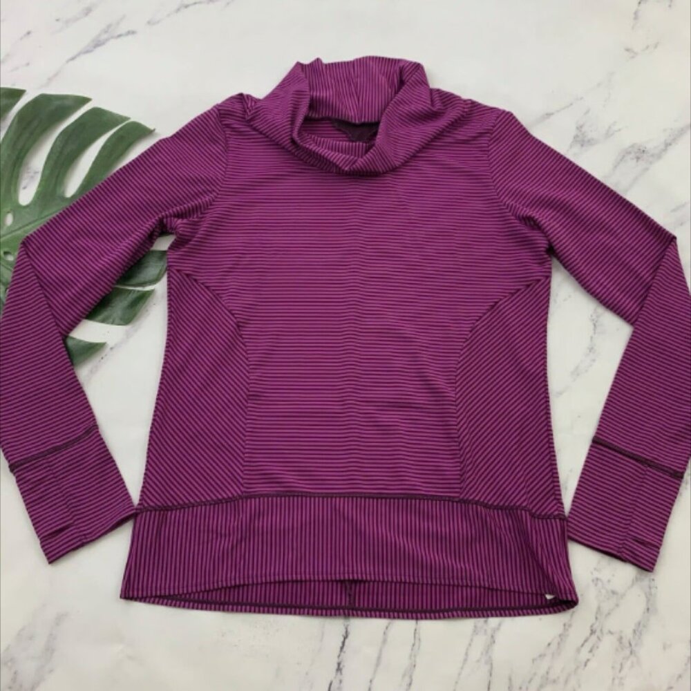 Prana Womens Marin Cowl Neck Pullover Top Size L Pink Purple Striped Thumb Holes